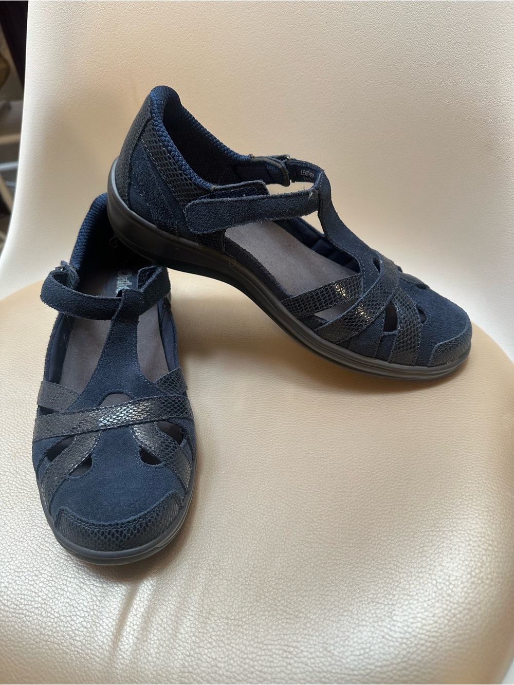 Orthofeet Juno Women’s 8.5 Mary Jane Shoes Leather Comfort Flats Hook Loop Navy
